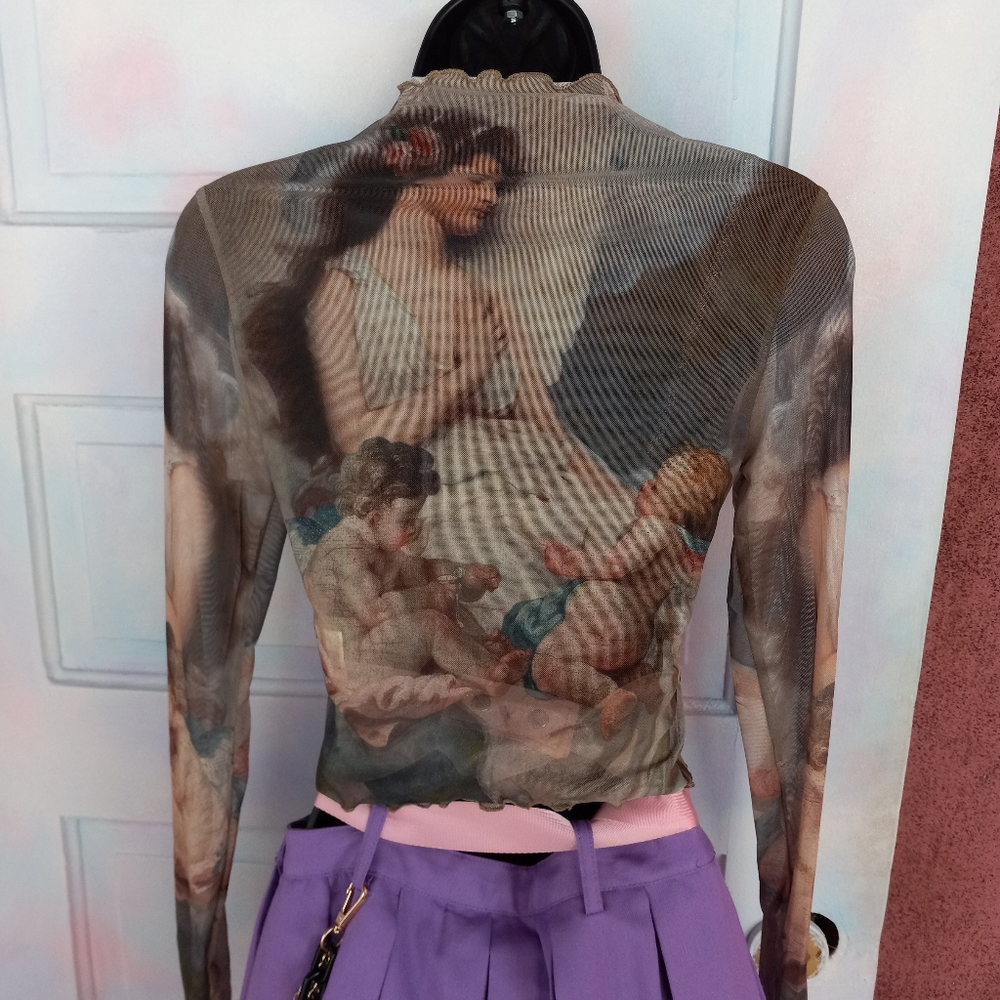 Sheer mesh Renaissance angel art lettuce edged mock-turtleneck crop top! Nwot! - Picture 7 of 10